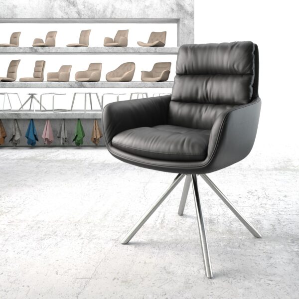Otočná židle Abelia-Flex s područkami Pravá kůže Černá křížová základna kulatá nerezová ocel