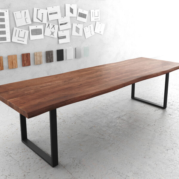 Jídelní stůl 300×100 XL Akácie tmavá kovová Černá nepravidelná hrana