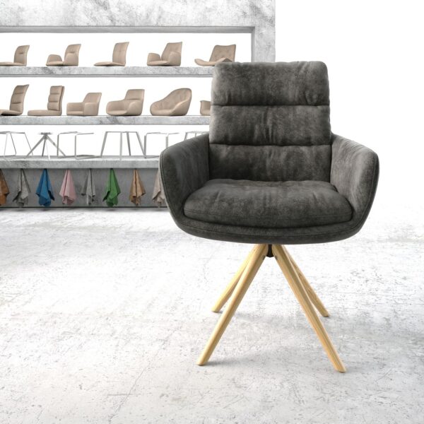 Otočná židle Abelia-Flex s područkami Šedá Vintage z mikrovlákna Dřevěný rám kónický