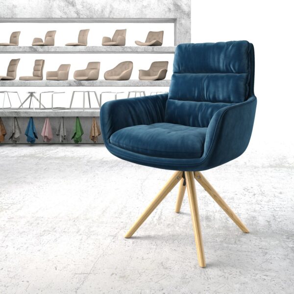 Otočná židle Abelia-Flex s područkami Modrá Samet Dřevěný rám kónický