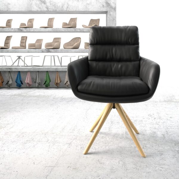Otočná židle Abelia-Flex s područkami Černá Pravá kůže dřevěný rám kónický