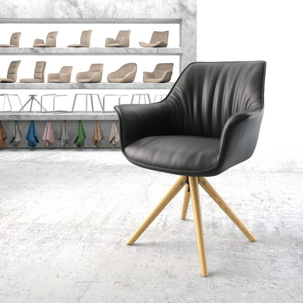 Otočná židle Keila-Flex s područkami Černá Pravá kůže Dřevěný rám Kuželovitý tvar