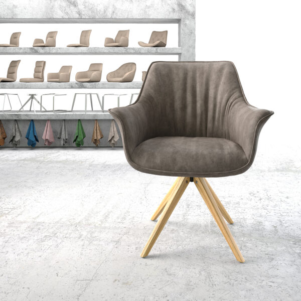 Otočná židle Keila-Flex s područkami Taupe Vintage z mikrovlákna s hranatým dřevěným rámem