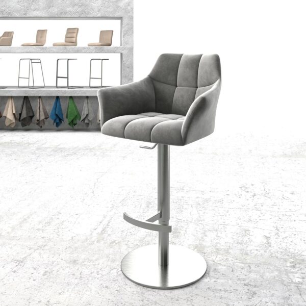 Barová židle Yulo-Flex samet šedá otočná podnož výškově nastavitelná nerezová ocel