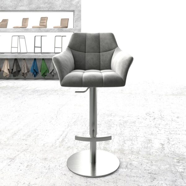 Barová židle Yulo-Flex samet šedá otočná podnož výškově nastavitelná nerezová ocel