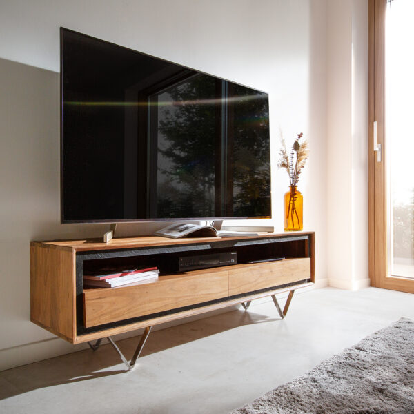 TV stolek Stonegrace 145 cm přírodní akácie 1 přihrádka 2 šuplíky kamenná dýha podnož “V”