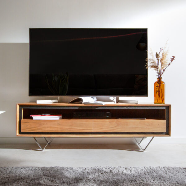 TV stolek Stonegrace 145 cm přírodní akácie 1 přihrádka 2 šuplíky kamenná dýha podnož “V”