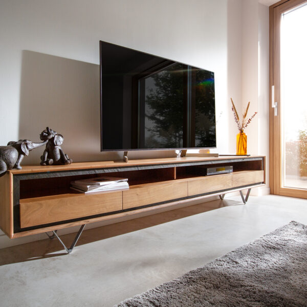 TV stolek Stonegrace 240 cm přírodní akácie 2 přihrádky 4 šuplíky kamenná dýha podnož “V”