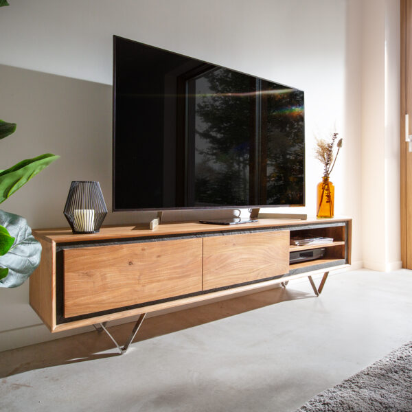 TV stolek Stonegrace 175 cm přírodní akácie 2 dvířka 2 přihrádky kamenná dýha podnož “V”