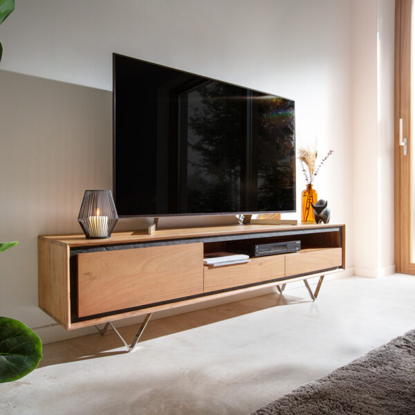 TV stolek Stonegrace 175 cm přírodní akácie 1 dvířka 1 přihrádka 2 šuplíky kamenná dýha podnož “V”