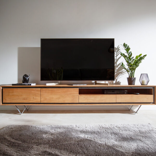 TV stolek Stonegrace 240 cm přírodní akácie 2 dvířka 1 přihrádka 2 šuplíky kamenná dýha podnož “V”