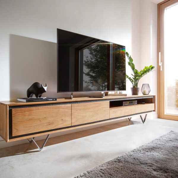 TV stolek Stonegrace 240 cm přírodní akácie 2 dvířka 1 přihrádka 2 šuplíky kamenná dýha podnož “V”