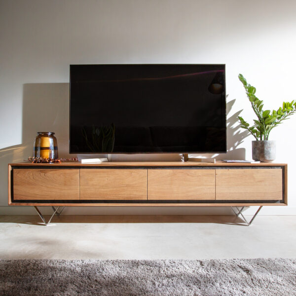 TV stolek Stonegrace 200 cm přírodní akácie 4 dvířka kamenná dýha podnož “V”