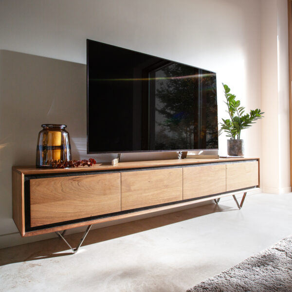 TV stolek Stonegrace 200 cm přírodní akácie 4 dvířka kamenná dýha podnož “V”