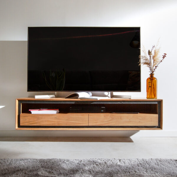 TV stolek Stonegrace 145 cm přírodní akácie 1 přihrádka 2 šuplíky kamenná dýha závěsný