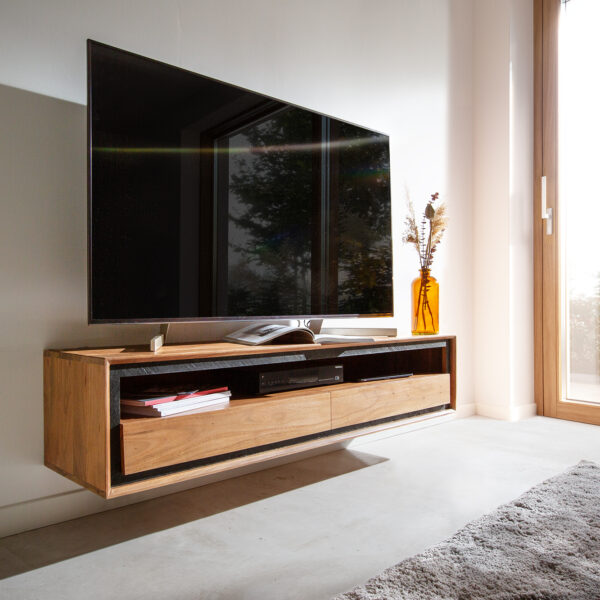 TV stolek Stonegrace 145 cm přírodní akácie 1 přihrádka 2 šuplíky kamenná dýha závěsný
