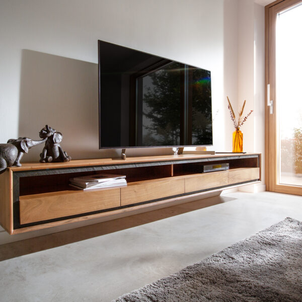 TV stolek Stonegrace 240 cm přírodní akácie 2 přihrádky 4 šuplíky kamenná dýha závěsný