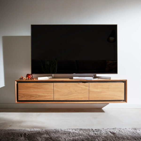 TV stolek Stonegrace 145 cm přírodní akácie 3 dvířka kamenná dýha závěsný