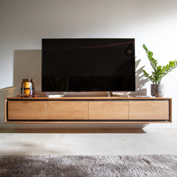 TV stolek Stonegrace 200 cm přírodní akácie 4 dvířka kamenná dýha závěsný