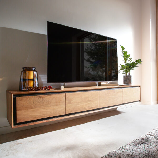TV stolek Stonegrace 200 cm přírodní akácie 4 dvířka kamenná dýha závěsný