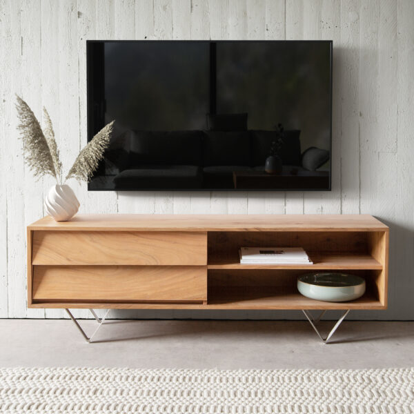 TV stolek Eloi 145×35 cm přírodní akácie 2 šuplíky 2 přihrádky podnož “V” nerezová ocel