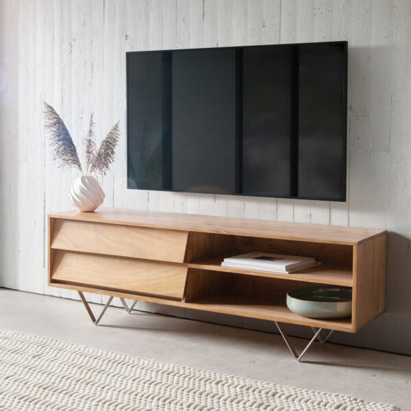 TV stolek Eloi 145×35 cm přírodní akácie 2 šuplíky 2 přihrádky podnož “V” nerezová ocel