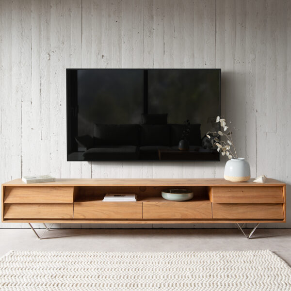 TV stolek Eloi Akácie přírodní 240×35 cm 4 zásuvky V-noha nerezová ocel