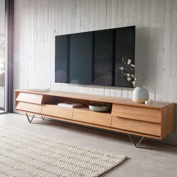 TV stolek Eloi Akácie přírodní 240×35 cm 4 zásuvky V-noha nerezová ocel