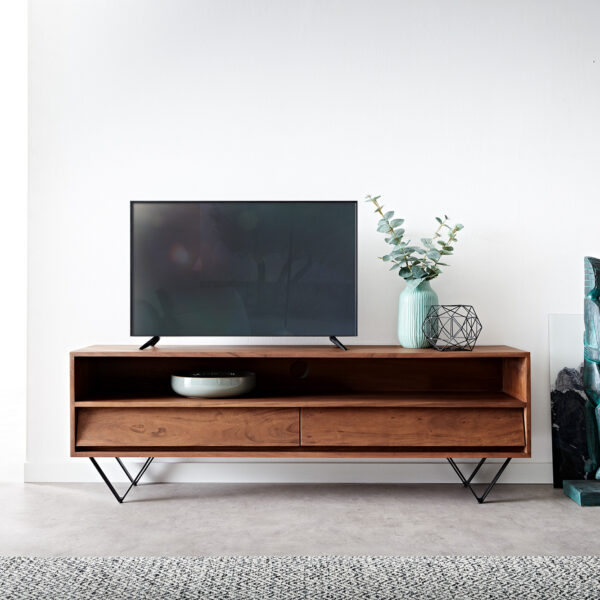 TV stolek Eloi 145×35 cm hnědá akácie 2 šuplíky podnož “V” černá