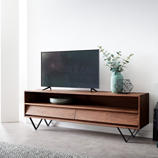TV stolek Eloi 145×35 cm hnědá akácie 2 šuplíky podnož “V” černá