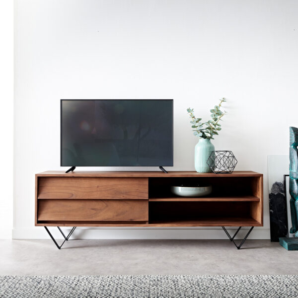 TV stolek Eloi 145×35 cm hnědá akácie 2 šuplíky 2 přihrádky podnož “V” černá
