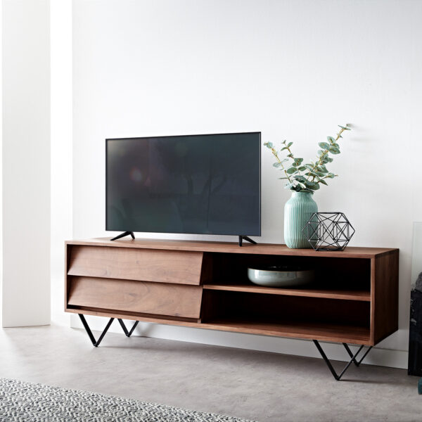 TV stolek Eloi 145×35 cm hnědá akácie 2 šuplíky 2 přihrádky podnož “V” černá