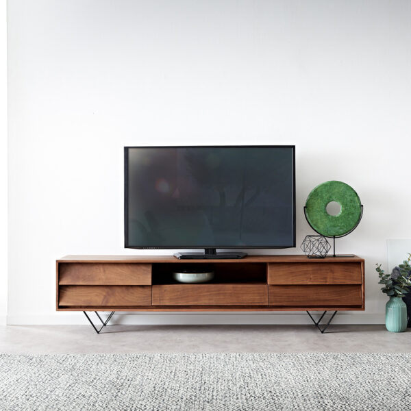 TV stolek Eloi 200×35 cm hnědá akácie 2 dvířka 1 šuplík podnož “V” černá