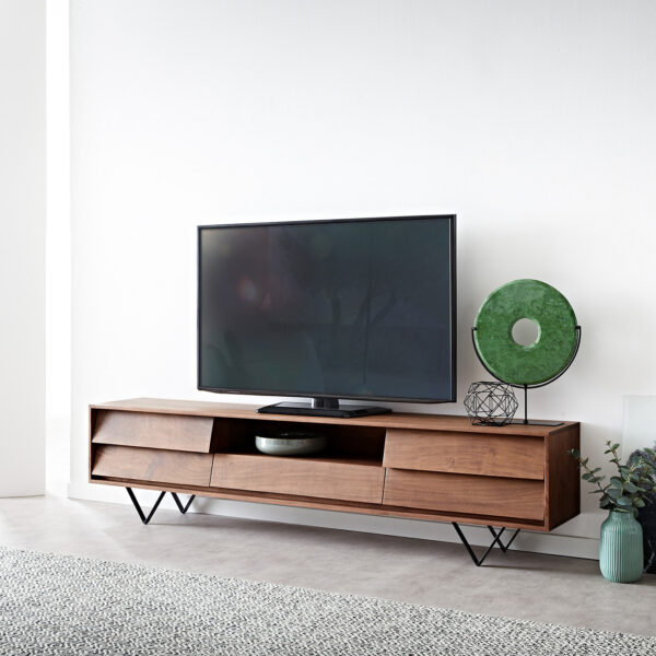 TV stolek Eloi 200×35 cm hnědá akácie 2 dvířka 1 šuplík podnož “V” černá