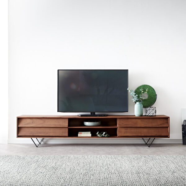 TV stolek Eloi 240×35 cm hnědá akácie 4 šuplíky podnož “V” černá