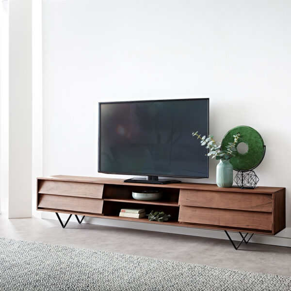 TV stolek Eloi 240×35 cm hnědá akácie 4 šuplíky podnož “V” černá