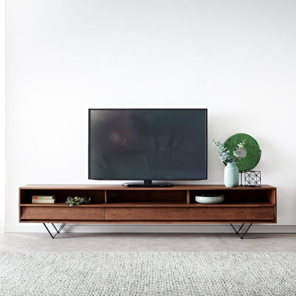 TV stolek Eloi 240×35 cm hnědá akácie 3 šuplíky podnož “V” černá
