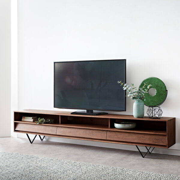 TV stolek Eloi 240×35 cm hnědá akácie 3 šuplíky podnož “V” černá
