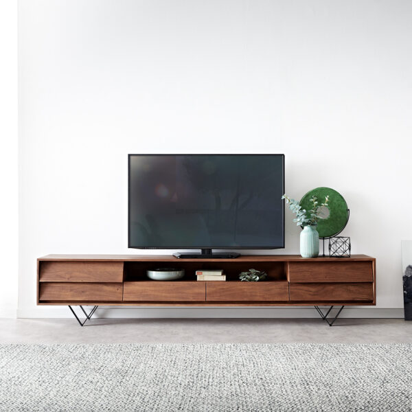 TV stolek Eloi 240×35 cm hnědá akácie 2 dvířka 2 šuplíky podnož “V” černá