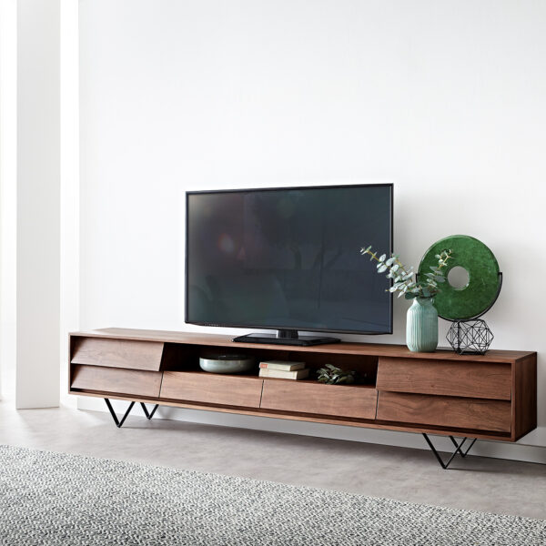 TV stolek Eloi 240×35 cm hnědá akácie 2 dvířka 2 šuplíky podnož “V” černá