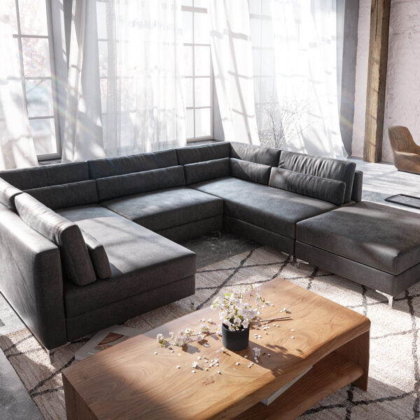 Pohovka ve tvaru U Elio 300×185 cm imitace kůže vintage antracitová s taburetem
