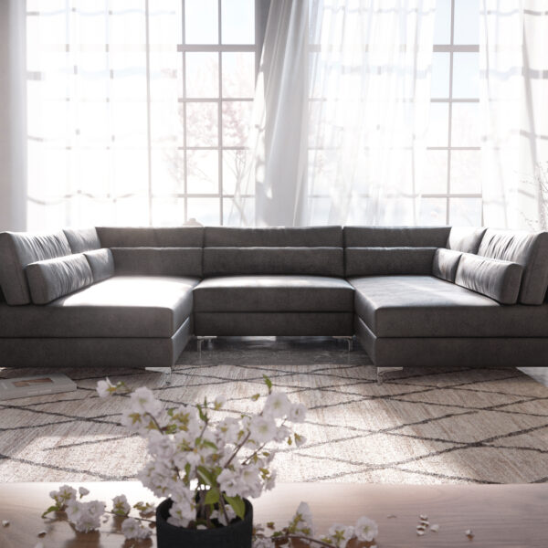 Pohovka ve tvaru U Elio 300×185 cm imitace kůže vintage antracitová s taburetem