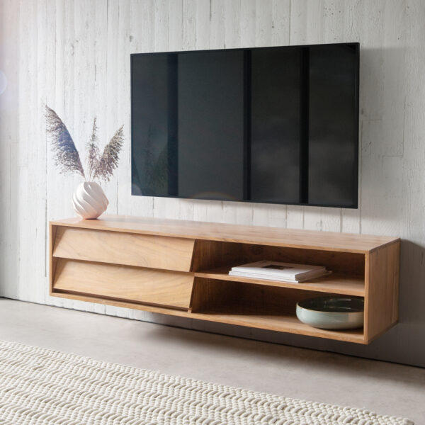 TV stolek Eloi 145×35 cm přírodní akácie 2 šuplíky 2 přihrádky závěsný
