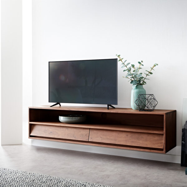 TV stolek Eloi 145×35 cm hnědá akácie 2 šuplíky závěsný