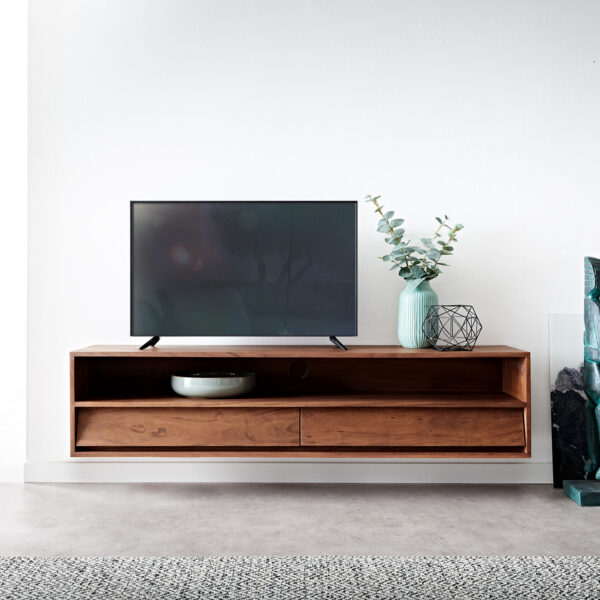 TV stolek Eloi 145×35 cm hnědá akácie 2 šuplíky závěsný