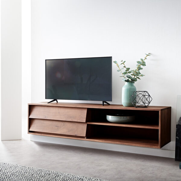 TV stolek Eloi 145×35 cm hnědá akácie 2 šuplíky 2 přihrádky závěsný