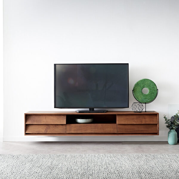TV stolek Eloi 200×35 cm hnědá akácie 2 dvířka 1 šuplík závěsný