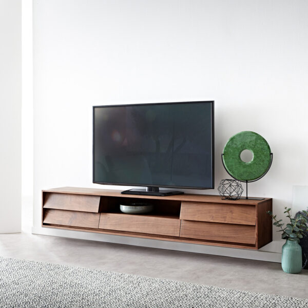 TV stolek Eloi 200×35 cm hnědá akácie 2 dvířka 1 šuplík závěsný