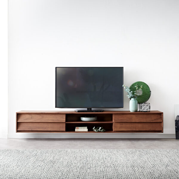 TV stolek Eloi 240×35 cm hnědá akácie 4 šuplíky závěsný
