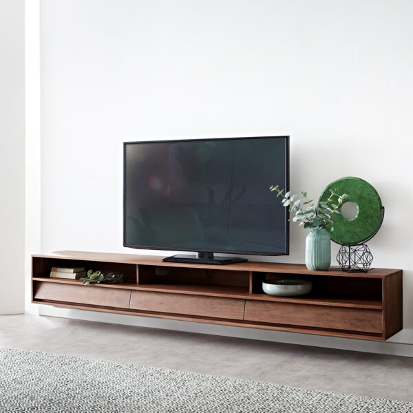 TV stolek Eloi 240×35 cm hnědá akácie 3 šuplíky závěsný